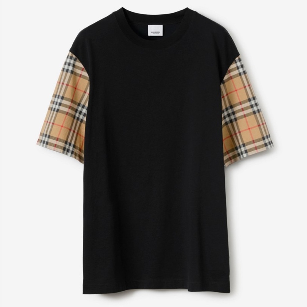 BURBERRY- Black T-Shirt with Check Sleeves